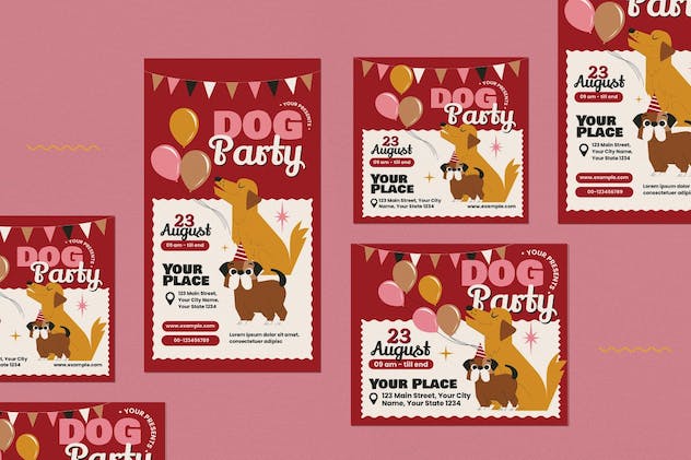 fourth preview of 'Red Cartoon Dog Party Flyer Set  Free Download'