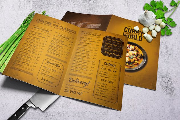 second preview of 'Premium Curry World Retro Bifold Menu A4 and US Letter  Free Download'