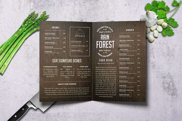 fourth preview of 'Premium Rain Forest Bifold Menu A4 US Letter  Free Download'