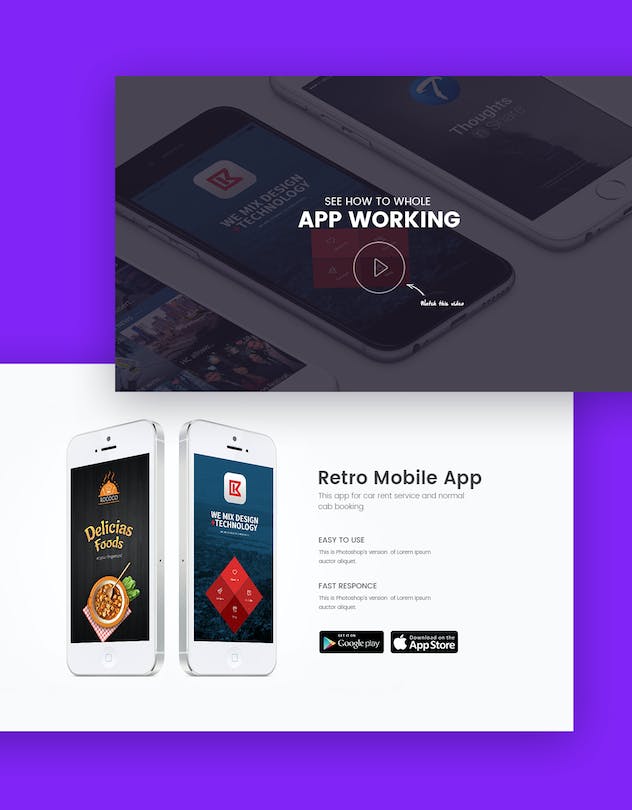 fourth preview of 'Premium Mobile App Landing Page PSD Template  Free Download'