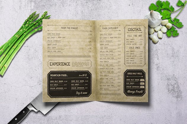 fourth preview of 'Premium Retro Vintage A4 US Letter Bifold Classy Menu  Free Download'