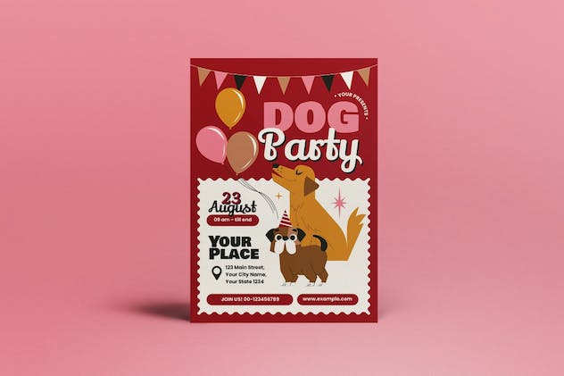 third preview of 'Red Cartoon Dog Party Flyer Set  Free Download'