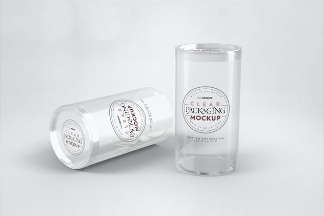 second preview of 'Premium Clear Cylinder Packaging with Clear Caps Mockup  Free Download'