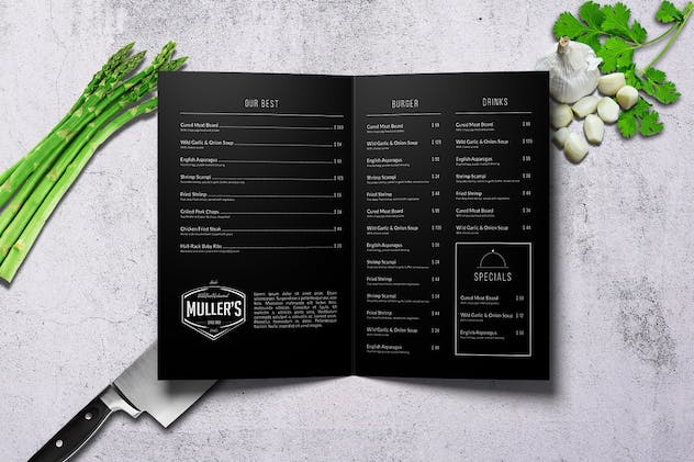 second preview of 'Premium Mullers Bifold A4 US Letter Elegant Menu  Free Download'
