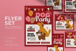 Banner image of Red Cartoon Dog Party Flyer Set  Free Download