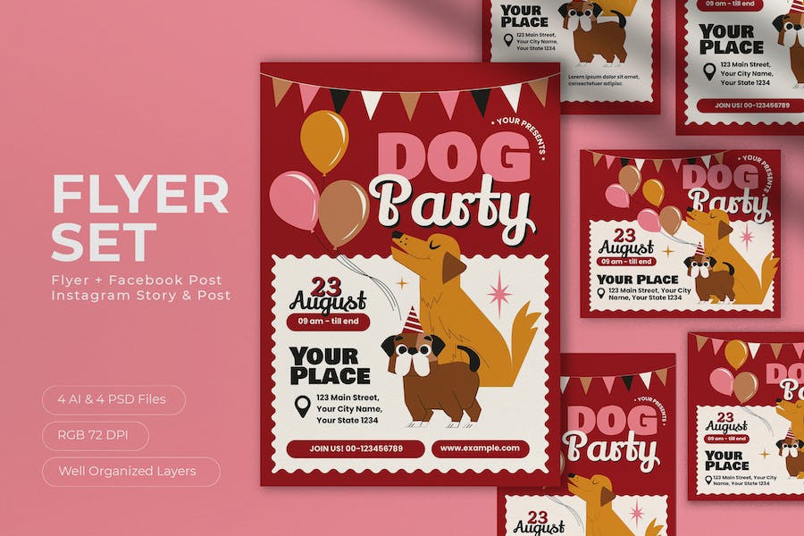 Red Cartoon Dog Party Flyer Set  Free Download