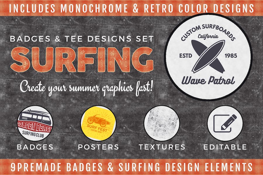 Premium Vintage Surfing Badges Tee Designs Summer Logo  Free Download