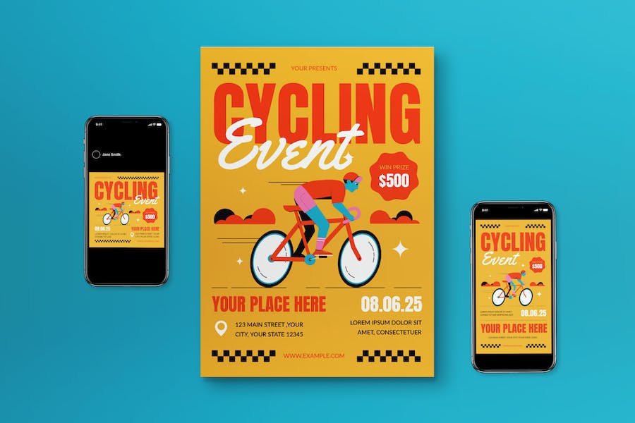 Premium Yellow Hand Drawn Mountain Bike Flyer Set  Free Download