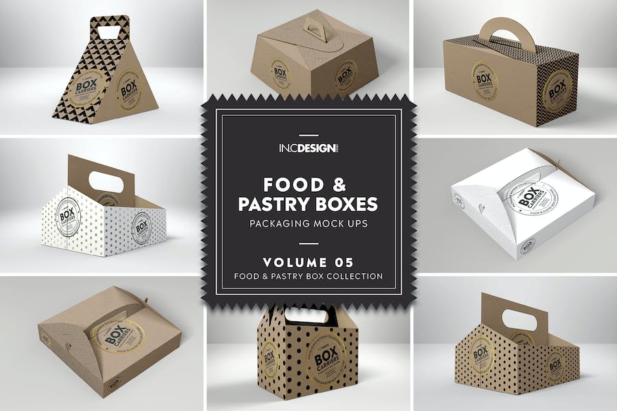 Premium Food Pastry Boxes Vol. 5 Carrier Boxes Mockups  Free Download