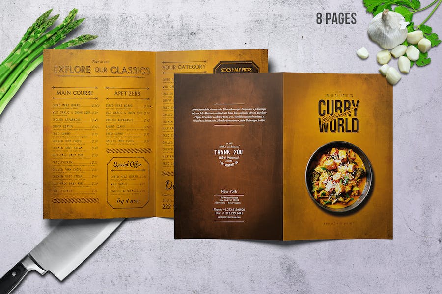 Premium Curry World Retro Bifold Menu A4 and US Letter  Free Download