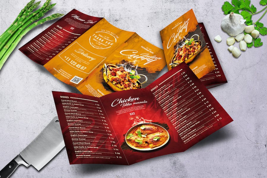 Premium Curry Indian Trifold Food Menu A4 US Letter  Free Download