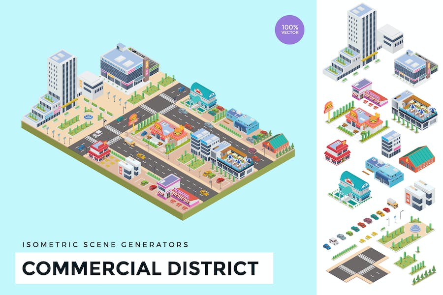 Premium Isometric Commercial District Vector Scene Creator  Free Download