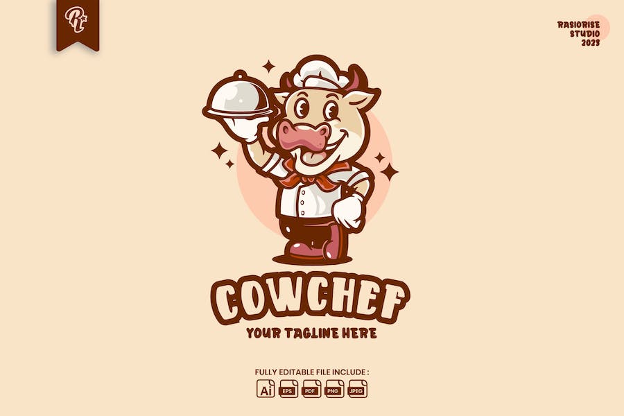 Premium Chef Cow Retro Vintage Cartoon Logo  Free Download