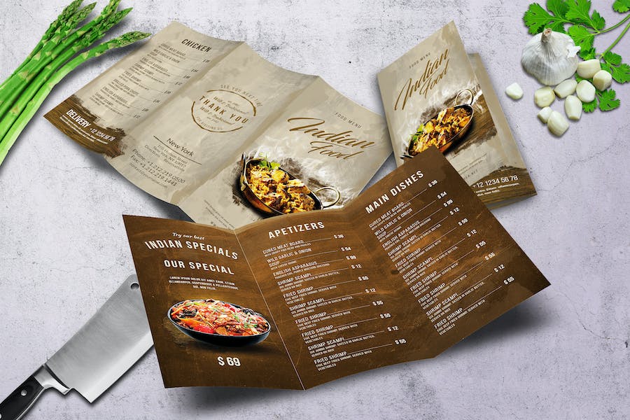 Premium Indian A4 & US Letter Trifold Food Menu  Free Download