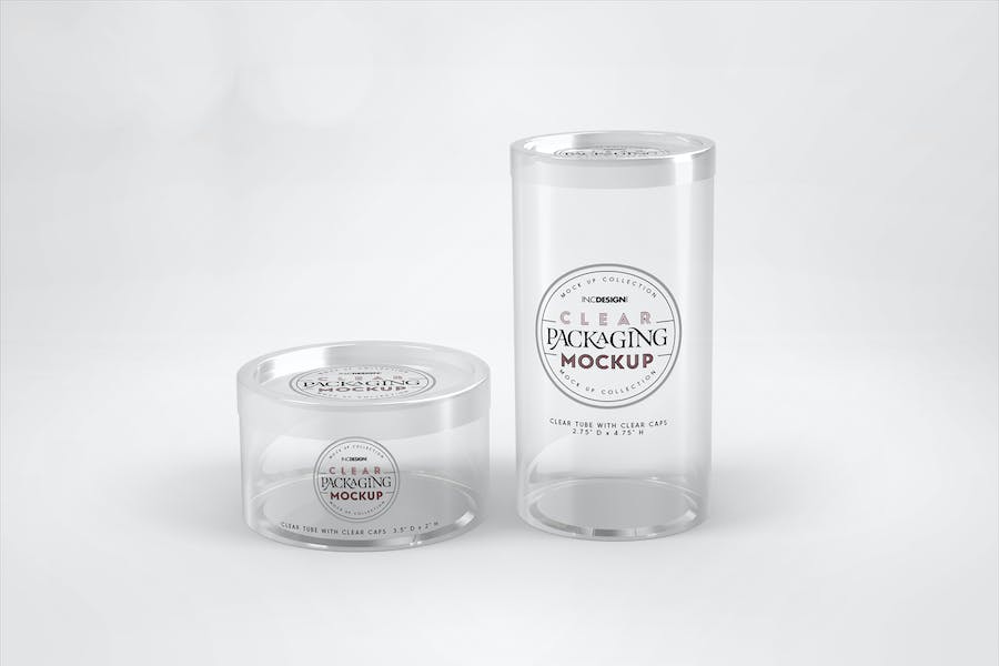 Premium Clear Cylinder Packaging with Clear Caps Mockup  Free Download