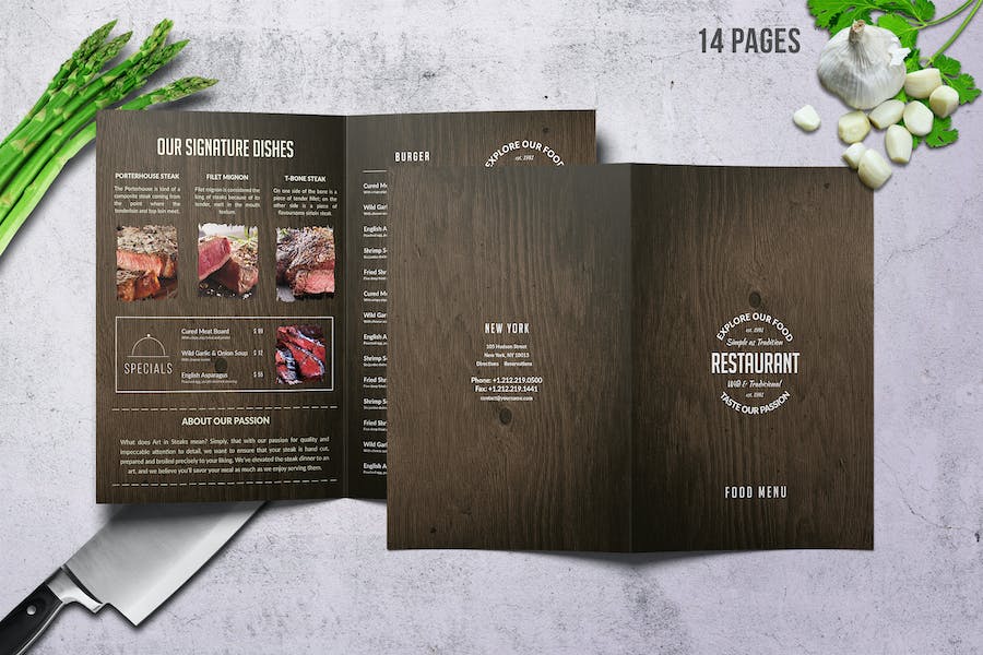 Premium Wooden A4 Bifold 14 Pages Menu  Free Download