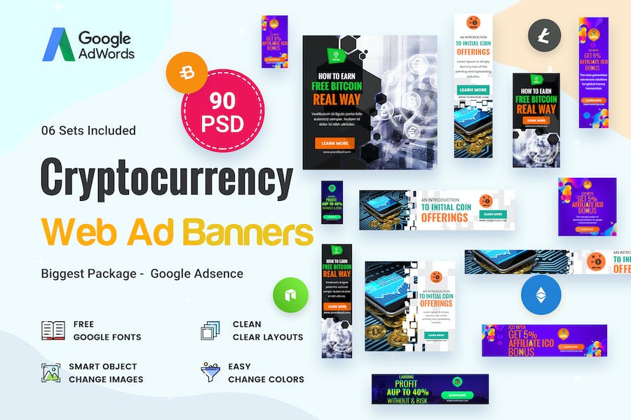 Premium Cryptocurrency Banners Ad – 90 PSD  Free Download