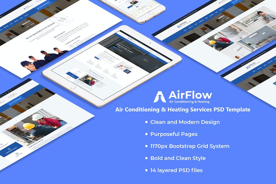 Premium Airflow Air Conditioning & Heating PSD Template  Free Download