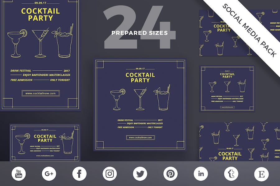 Premium Cocktail Party Social Media Pack Template  Free Download