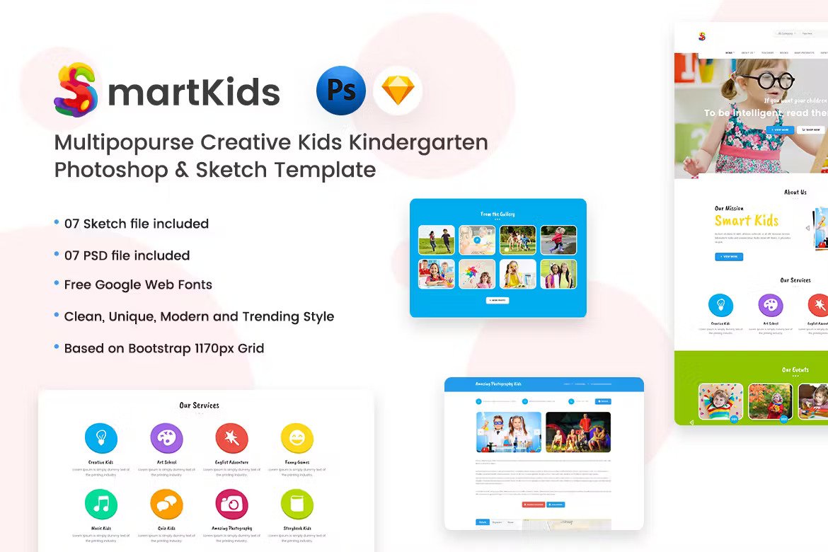 Premium Creative Kids Kindergarten PSD & Sketch Template  Free Download