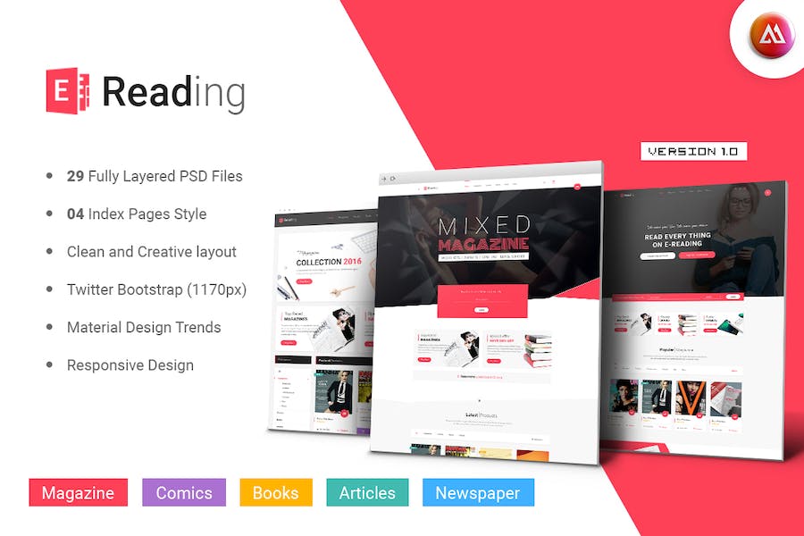 Premium E-Reading Magazines Library Ecommerce PSD Template  Free Download