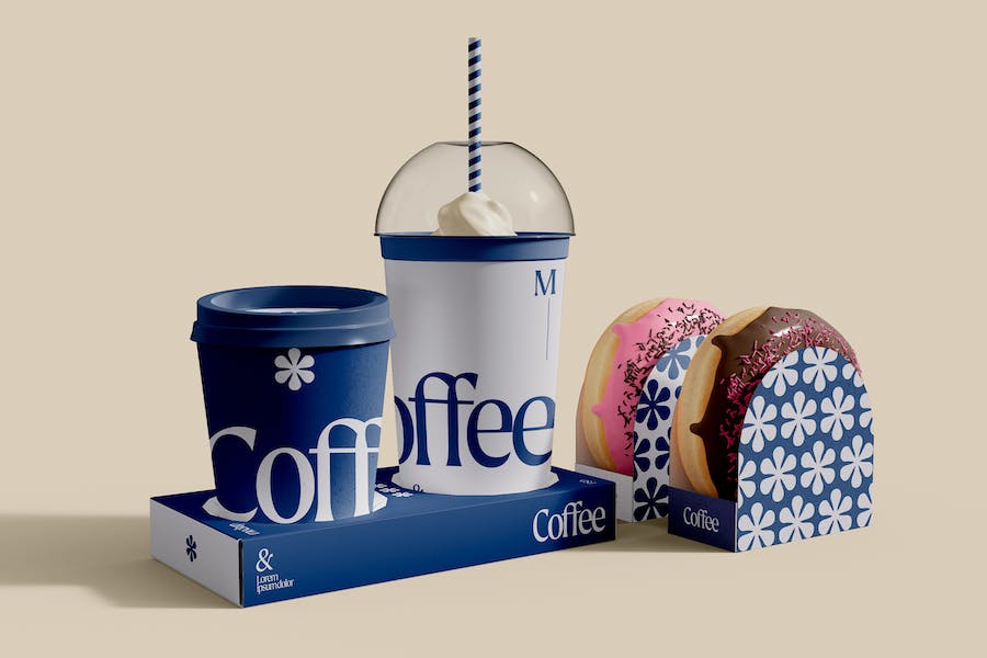 Premium Take Away Coffee Cup and Donuts Mockup  Free Download