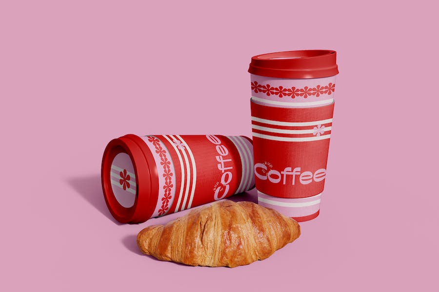 Premium Coffee Cups and Croissant Mockup  Free Download