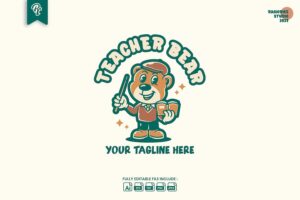 Banner image of Premium Bear Teacher Retro Classic Cartoon Logo  Free Download