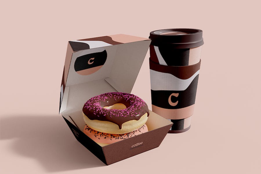 Premium Coffee Cup and Donuts Box Mockup  Free Download