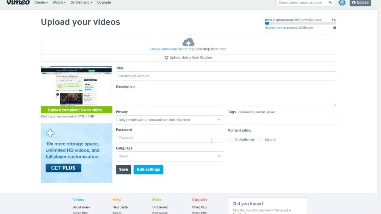 Uploading a Video and Adjusting Privacy Settings on Vimeo - YouTube