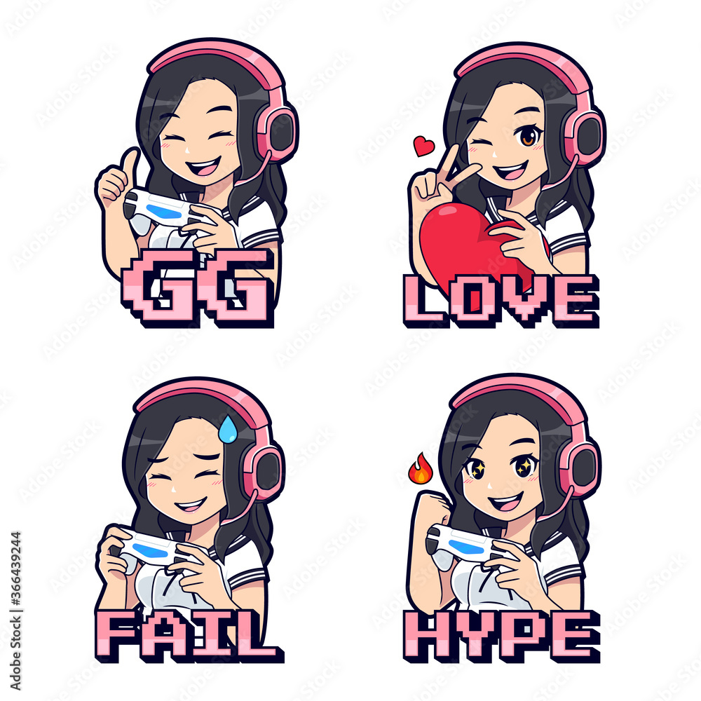 Vetor do Stock Streamer gamer girl twitch emotes and badges set