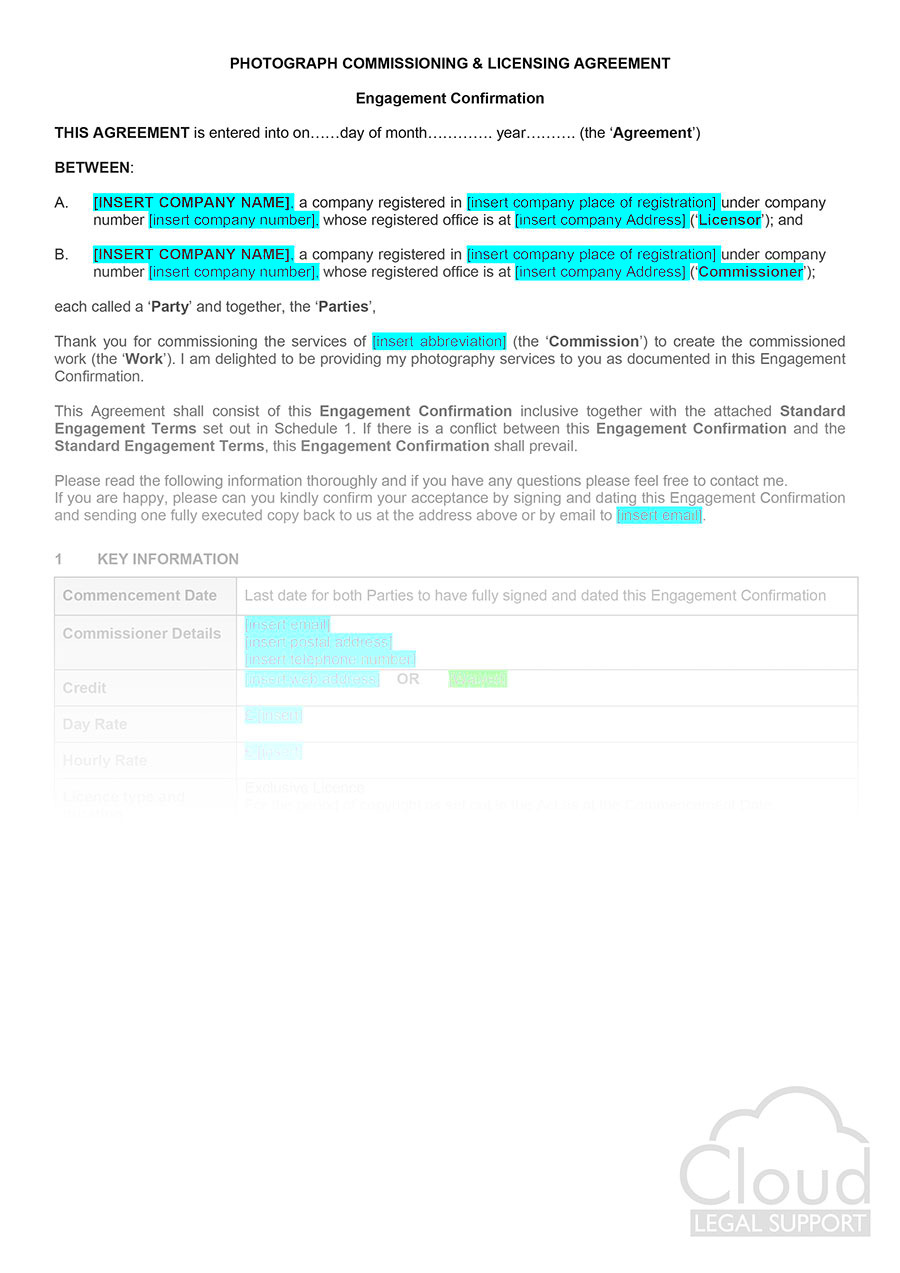 Photograph Commissioning  Licensing Agreement  CloudLegal Support