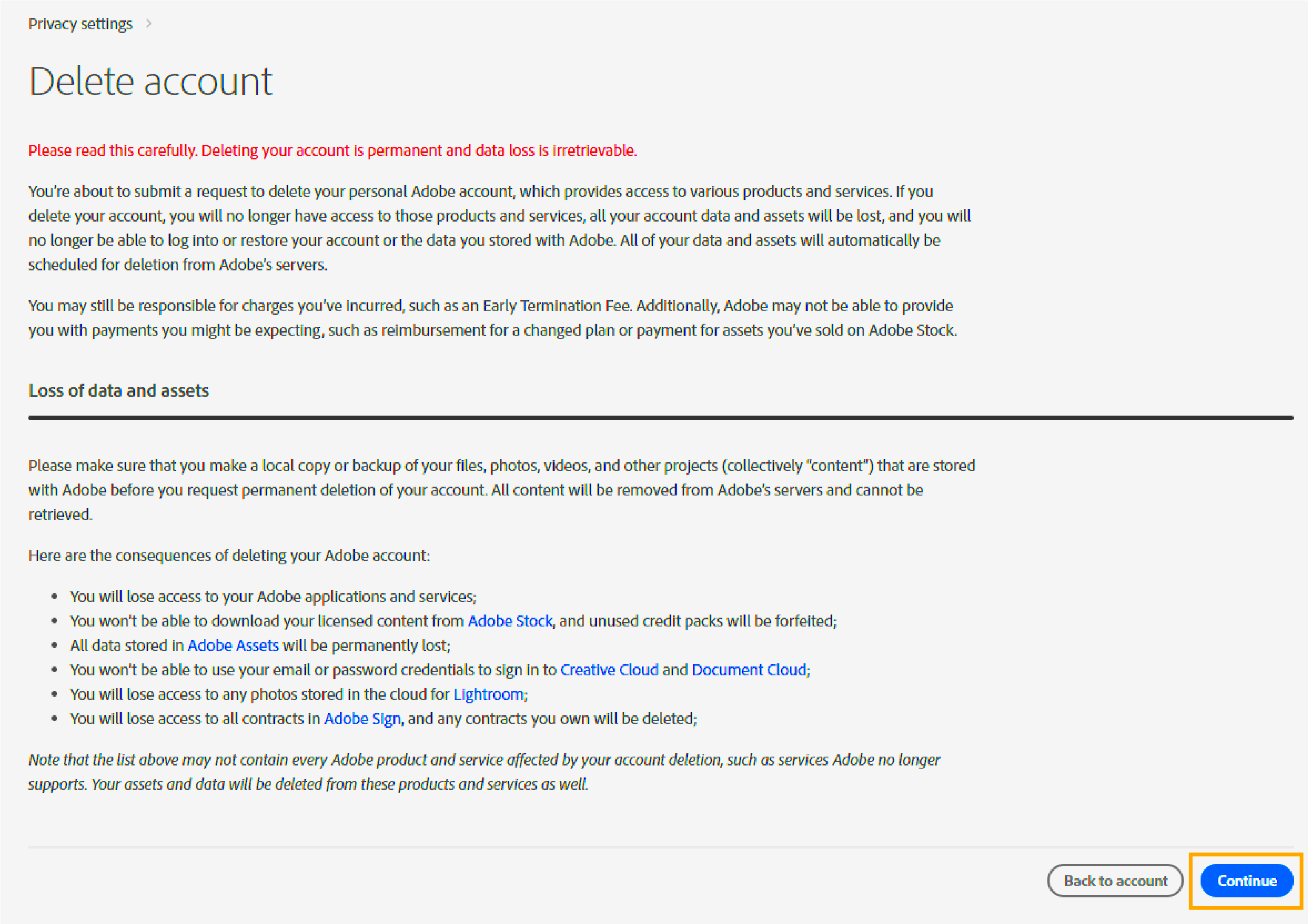 Delete your individual Adobe account and permanently remove your