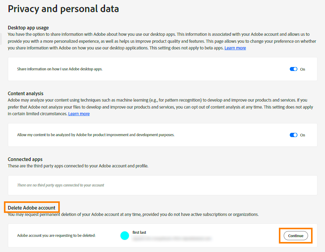 Delete your Adobe account and permanently remove your personal information