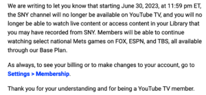 YouTube TV will no longer carry SNY as of June 30th  rNewYorkMets