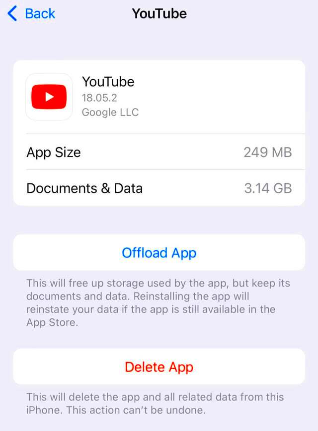 Why does YouTube need so much storage No downloads in the app  rios